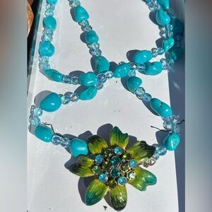 Cara N.Y. Hand painted Flower Statement Necklace Turquoise Howlite Crystal Beads